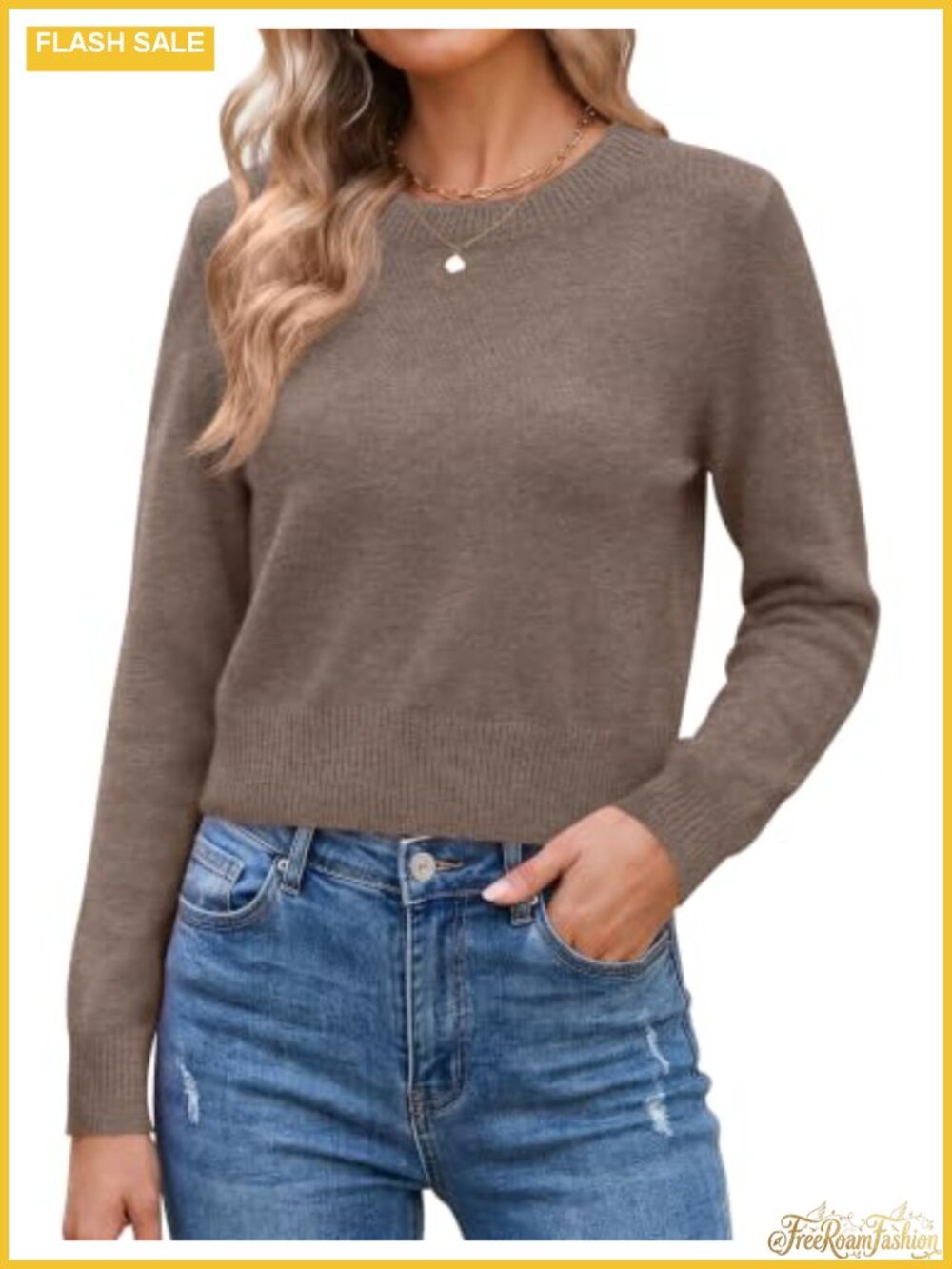 Women's Cropped Knit Sweater Long Sleeve Crewneck Pullover